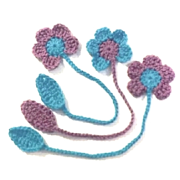 3 Bookmarks Orchid and Aqua Crocheted Flowers - Picture 1 of 4
